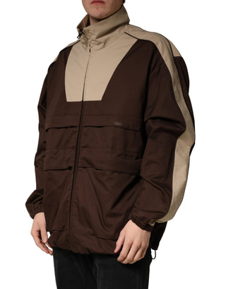 Braune beige Baumwoll-Windbreaker-Jacke mit Reißverschluss