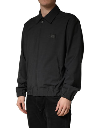 Schwarze Woll-Bomberjacke für Herren mit durchgehendem Reißverschluss und Logo