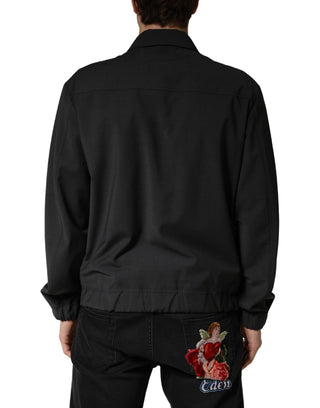 Schwarze Woll-Bomberjacke für Herren mit durchgehendem Reißverschluss und Logo