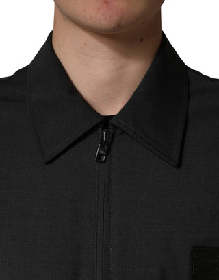 Schwarze Woll-Bomberjacke für Herren mit durchgehendem Reißverschluss und Logo
