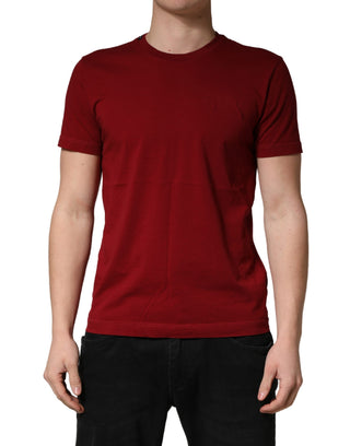 Weinrotes Baumwoll-Rundhals-T-Shirt mit kurzen Ärmeln