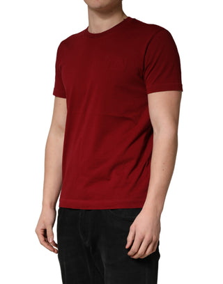 Weinrotes Baumwoll-Rundhals-T-Shirt mit kurzen Ärmeln