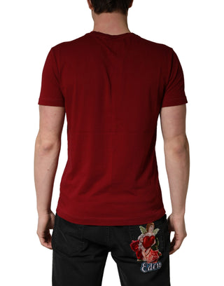 Weinrotes Baumwoll-Rundhals-T-Shirt mit kurzen Ärmeln