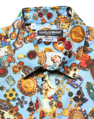 Blaues Baumwollhemd mit Juwelenprint und Knöpfen GOLD