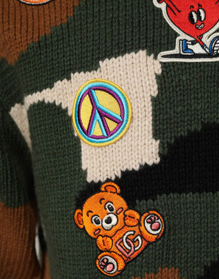Mehrfarbiger Intarsia-Strickpullover mit Camouflage-Muster