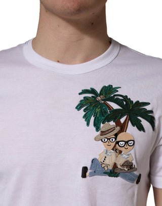 Weißes T-Shirt mit Palmenstickerei und Rundhalsausschnitt für Herren