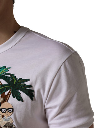 Weißes T-Shirt mit Palmenstickerei und Rundhalsausschnitt für Herren