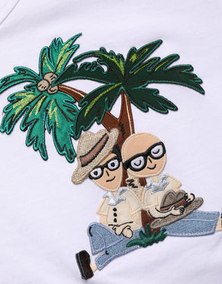 Weißes T-Shirt mit Palmenstickerei und Rundhalsausschnitt für Herren