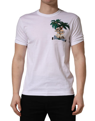 Weißes T-Shirt mit Palmenstickerei und Rundhalsausschnitt für Herren