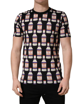 Schwarzes T-Shirt mit Rundhalsausschnitt und Flaschendruck aus Baumwolle