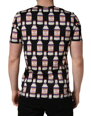 Schwarzes T-Shirt mit Rundhalsausschnitt und Flaschendruck aus Baumwolle
