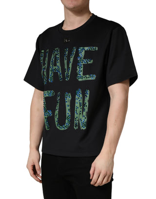 Schwarzes T-Shirt mit Rundhalsausschnitt „Have Fun“ und Verzierungen