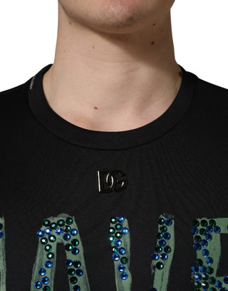 Schwarzes T-Shirt mit Rundhalsausschnitt „Have Fun“ und Verzierungen