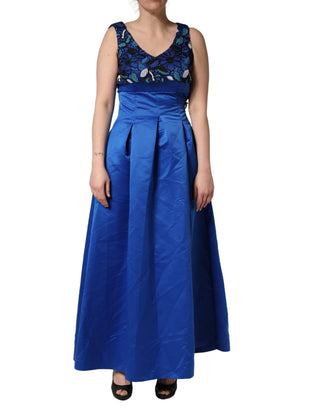 Königsblaues, ärmelloses, langes Abendkleid mit Blumenstickerei aus Spitze