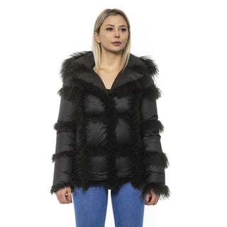 Schwarze Poly-Jacke mit Lammfellkapuze für Damen