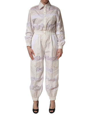 Weißer Baumwoll-Jumpsuit mit Spitze und langen Ärmeln