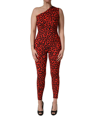 Black Red Nylon Leopard Pattern Jumpsuit