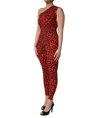 Black Red Nylon Leopard Pattern Jumpsuit