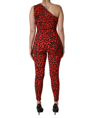 Black Red Nylon Leopard Pattern Jumpsuit