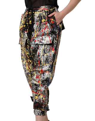 Black ColorSplash Effect Cargo Cropped Pants