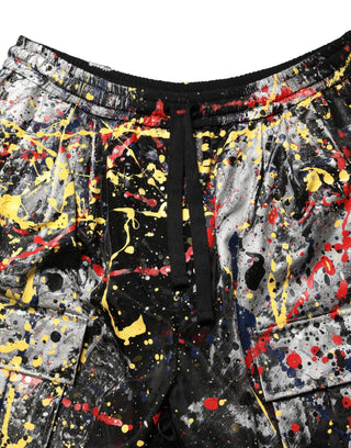 Black ColorSplash Effect Cargo Cropped Pants