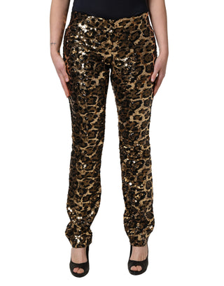 Goldfarbene Leoparden-Paillettenhose, gerade geschnitten