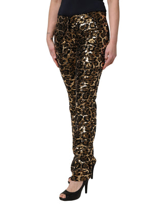Goldfarbene Leoparden-Paillettenhose, gerade geschnitten