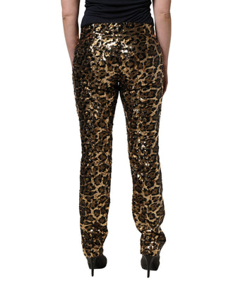 Goldfarbene Leoparden-Paillettenhose, gerade geschnitten