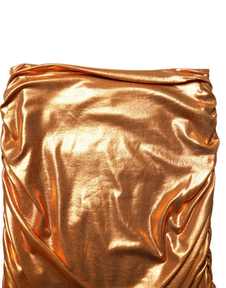 Metallischer orangefarbener geraffter Lame-Minirock im Bodycon-Stil