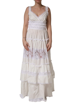 Weißes ärmelloses Maxikleid aus Baumwolle mit Spitze