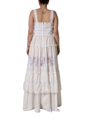 Weißes ärmelloses Maxikleid aus Baumwolle mit Spitze