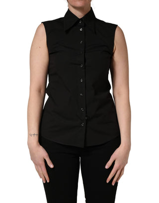 Schwarze ärmellose Bluse mit Kragen aus Baumwolle