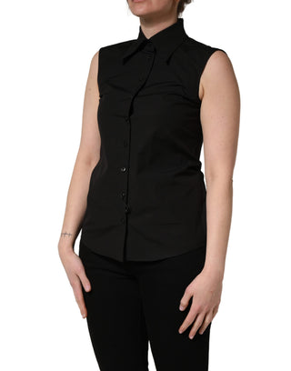 Schwarze ärmellose Bluse mit Kragen aus Baumwolle