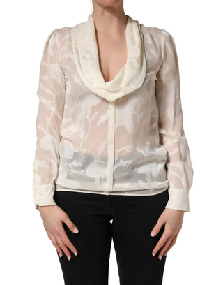 Bluse aus halbtransparenter Seide mit Blumenmuster in Off-White