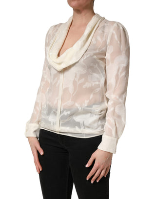 Bluse aus halbtransparenter Seide mit Blumenmuster in Off-White