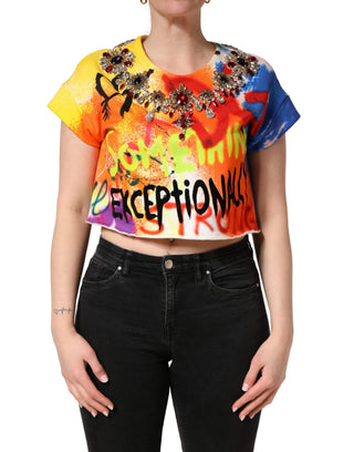 Mehrfarbiges Graffiti-Kristall-Crop-Jersey-Top