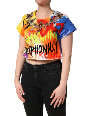 Mehrfarbiges Graffiti-Kristall-Crop-Jersey-Top