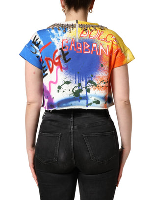 Mehrfarbiges Graffiti-Kristall-Crop-Jersey-Top