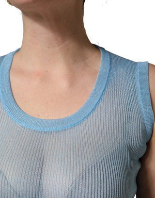 Blaues halbtransparentes geripptes ärmelloses Tanktop