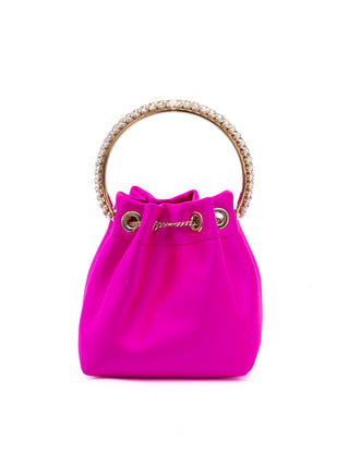 Bolso tipo cubo de satén Bon Bon fucsia