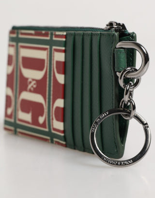 Kartenetui-Brieftasche aus grünem Kalbsleder mit Logo-Print und Monogramm
