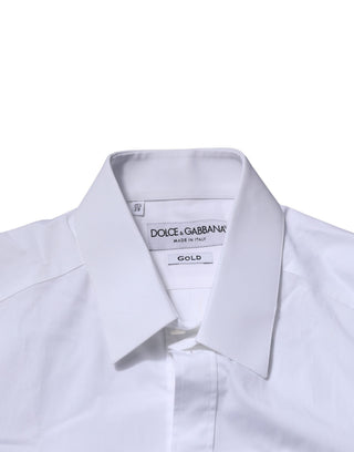 Camisa formal de vestir blanca de algodón con manga larga y detalles dorados  