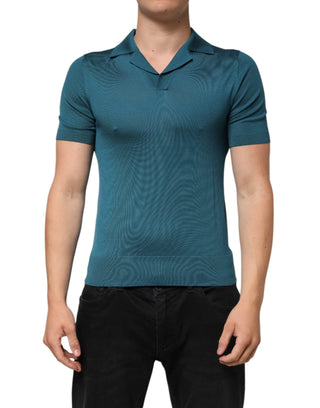 Petrolblaues Seiden-Polo-T-Shirt mit Kragen und kurzen Ärmeln