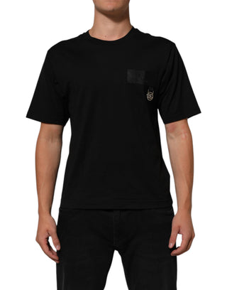 Schwarzes Baumwoll-T-Shirt mit Logo-Plakette und Rundhalsausschnitt