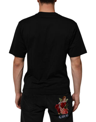 Schwarzes Baumwoll-T-Shirt mit Logo-Plakette und Rundhalsausschnitt
