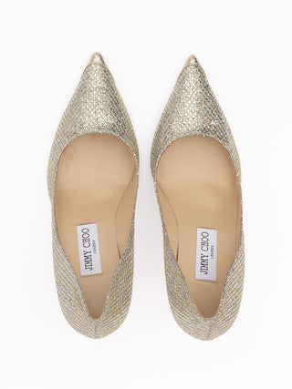 Zapatos de tacón Agnes de tela con purpurina dorada  