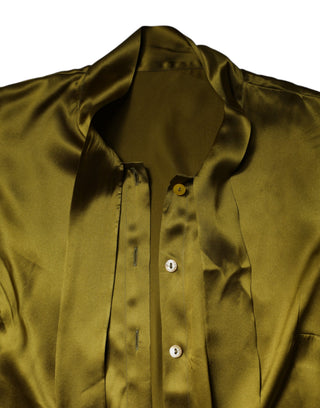 Grünes Satin-Langarmshirt mit Ascot-Krawatte
