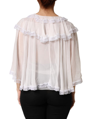 Weißes Langarm-Top mit Rüschen und Spitze