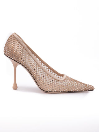 Pumps "Ixia 95" aus Satin und Mesh mit Kristallen in Puderrosa