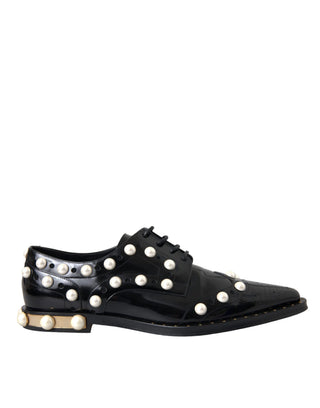 Schwarze Leder-Brogues mit Kunstperlenverzierung